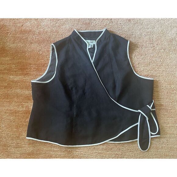 Lino USA Black Linen Blend Wrap Vest Top 3X Plus Size Tie Waist Contrast Trim - Picture 1 of 7